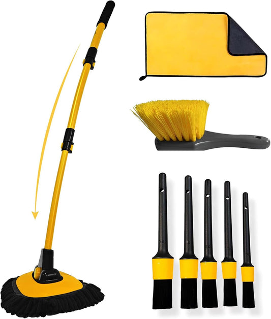 YeewayVeh Car Wash Brush with Long Handle, Microfiber Car Wash Mop with Replaceable Chenille Brush Head, Soft Cleaning Brush with 15° Curved Extension Pole Car Wash Kit for RV Truck Camper, Yellow
