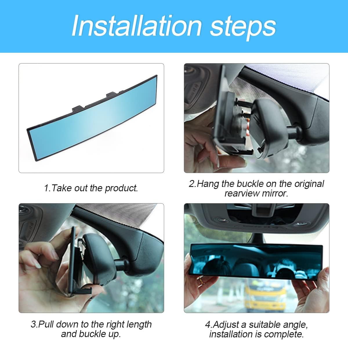 8sanlione Car Rearview Mirrors, Shock Resistant Interior Clip-on Panoramic Rear View Mirror for Car, Wide Viewing Range, 12 inch HD Universal Use for Cars, SUVs, Trucks, Vehicles (White)