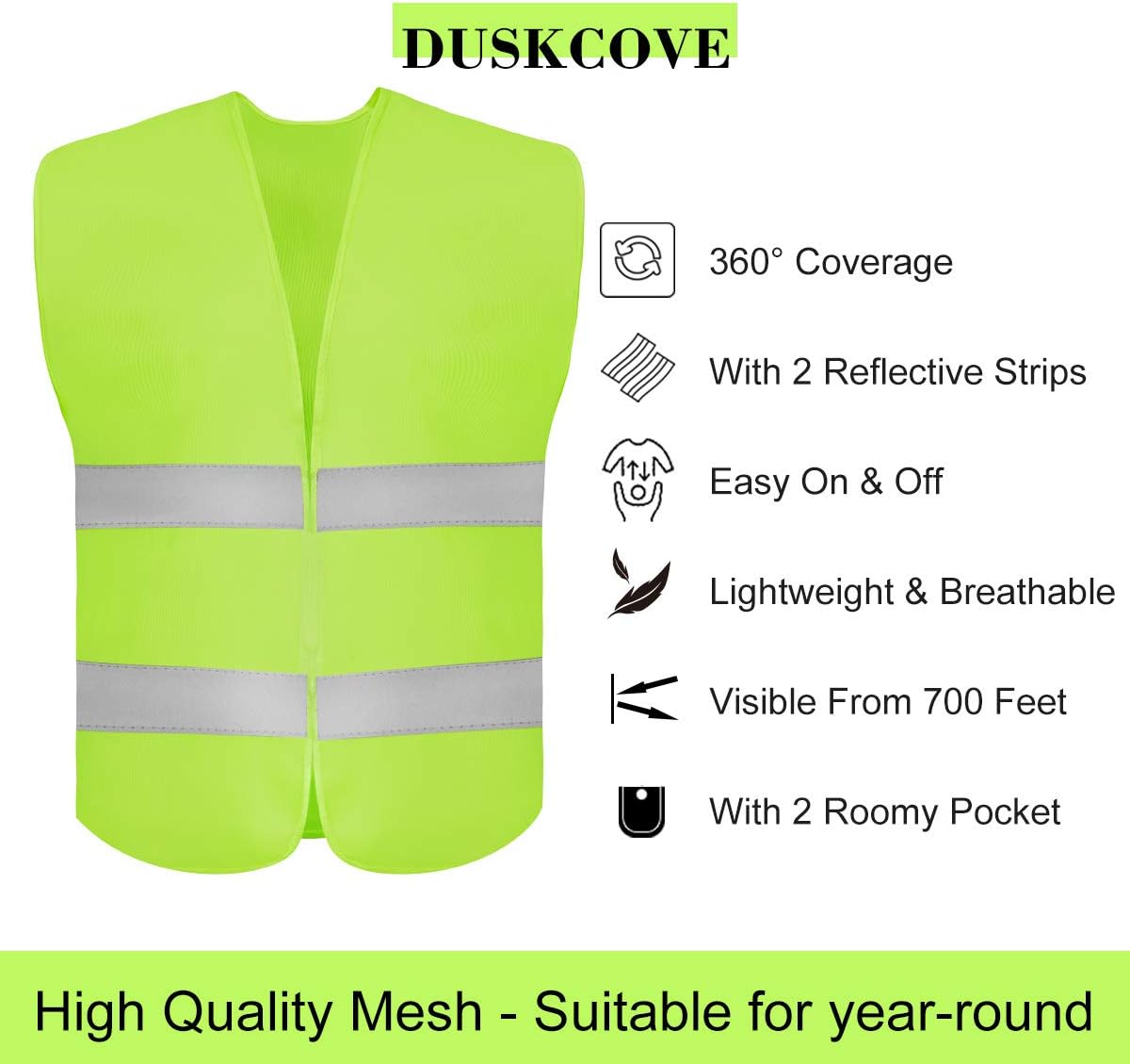 DUSKCOVE 10 Pack High Visibility Safety Vest for Traffic Work, Running, Surveyor and Security Guard - Construction Vest with 2 Reflective Strips, Made from Breathable and Neon Yellow Mesh Fabric