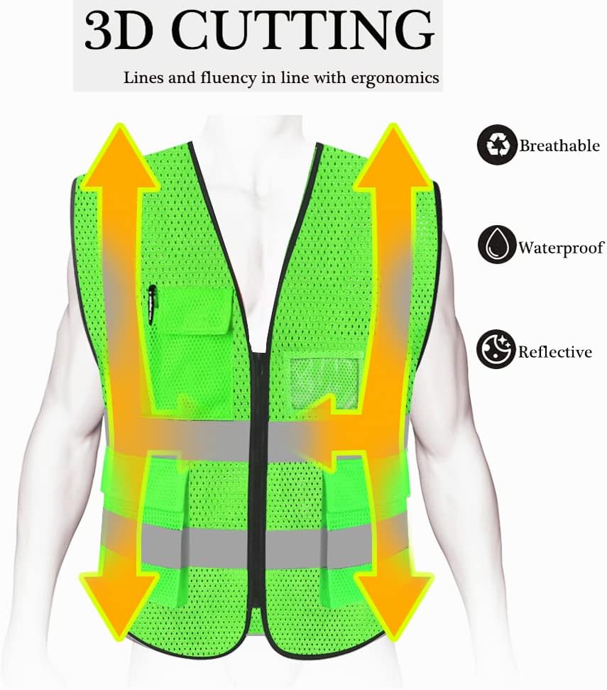 HYCOPROT High Visibility Mesh Safety Reflective Vest with Pockets and Zipper, Meets ANSI/ISEA Standards