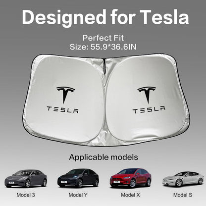 300T Sunshade for Tesla Model Y Model 3, Car Accessories 2026 for Tesla, Front Window Sunshade with Organizer Bag, Gifts for Tesla Owners