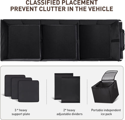 HIRALIY 4 in 1 Car Trunk Storage Organizer with Leakproof Cooler Bag, Multi-Compartment Foldable Trunk Storage Box for Car Truck SUV Black