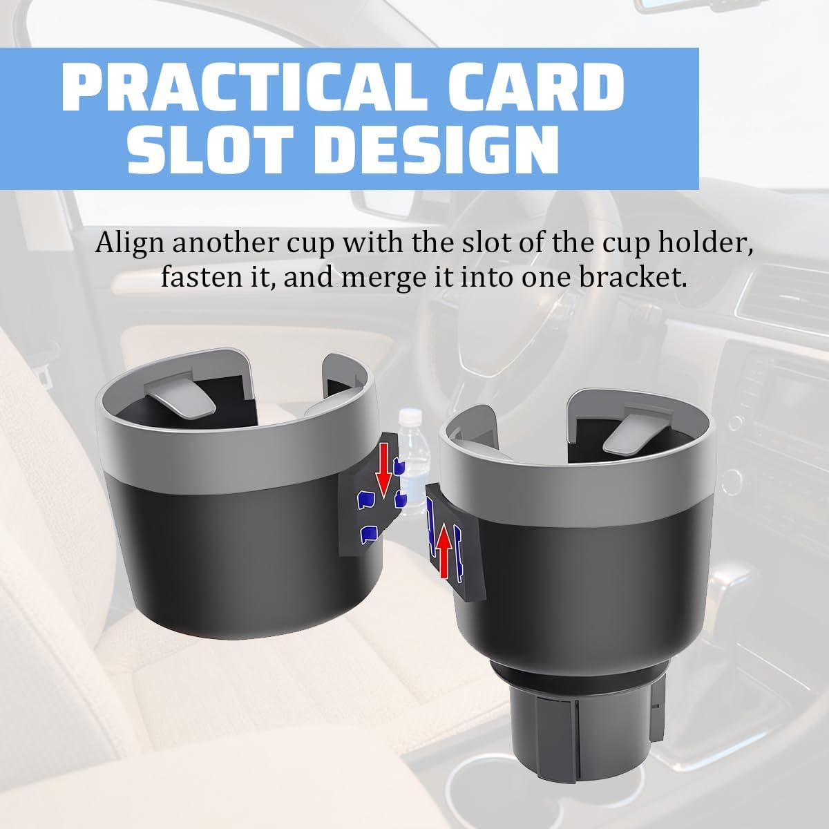 Car Double Cup Holder Expander, 2 in 1 Multifunctional Vehicle Cup Holder Adapter with Adjustable Base, Auto Drink Bottles Extender Organizer, Universal for SUV Automobile Truck (Gray)