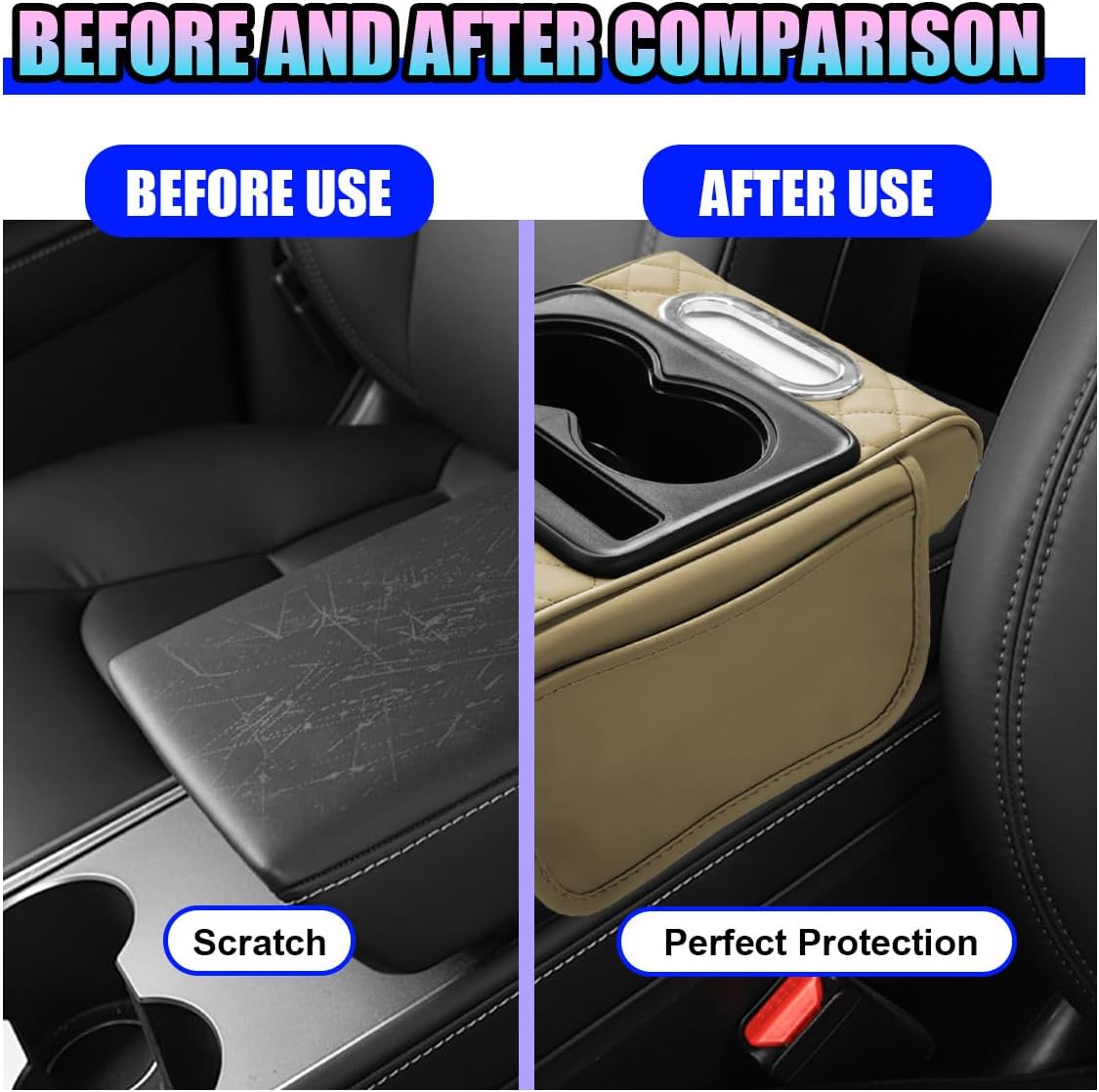 Leather Car Center Console Cover, Universal Automotive Armrest Booster Cushion, Vehicle Middle Console Organizer with 2 Cup Holders, Side Storage Bag, Tissue Box & Phone Slot(Black)