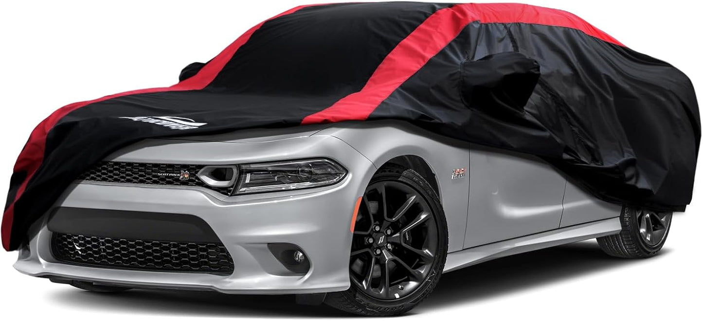 Car Cover Waterproof All Weather Protection with Red Stripe Design, Universal Fit Toyota Camry Solara, Ford Fusion, Kia Stinger Optima, Nissan Maxima, VW Passat, Subaru Legcy