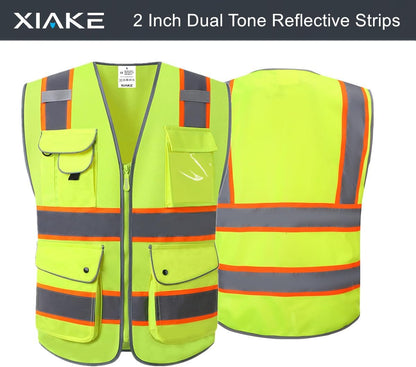 XIAKE 9 Pockets Class 2 High Visibility Reflective Safety Vest for Men Women,Meets ANSI/ISEA Standard