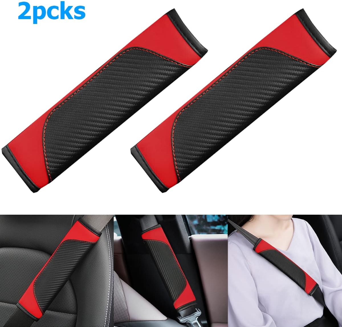 AUCELI 2PCS Car Seat Belt Cover, Carbon Fiber Seatbelt Shoulder Strap Covers, Breathable Leather Soft Harness Pad Protect Your Neck and Shoulder Compatible with Cars