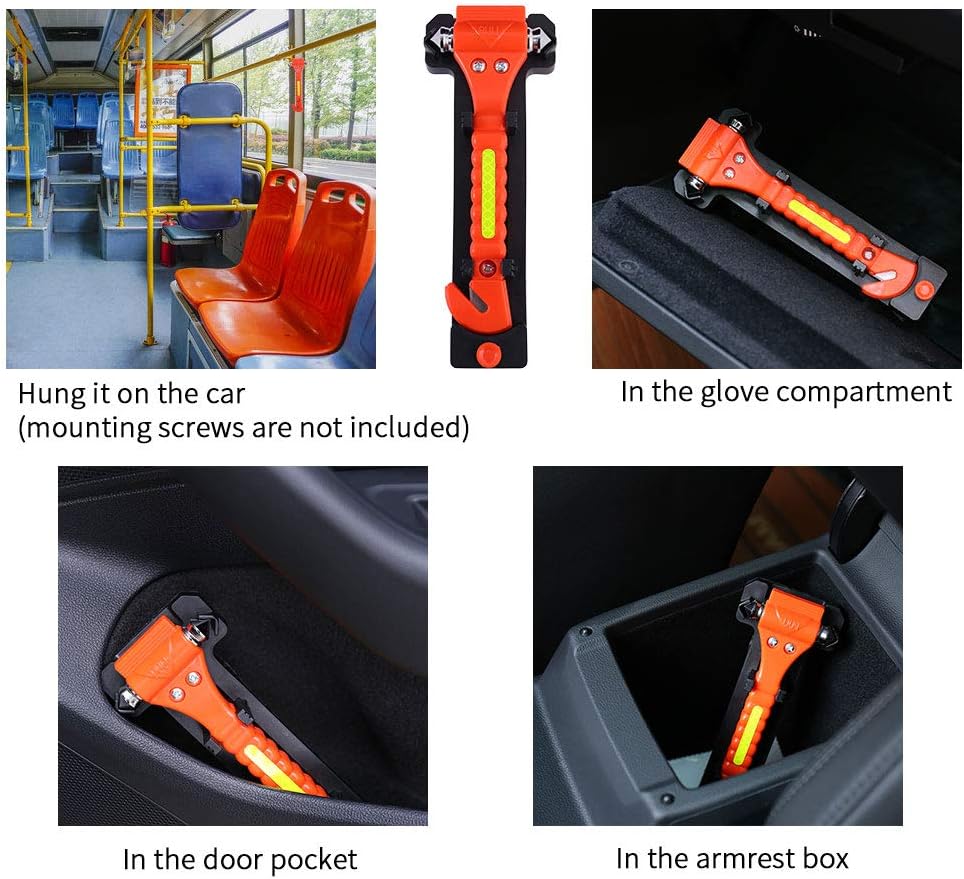 2 PCS Go DeCho Car Safety Hammer Emergency Escape Tool with Seat Belt Cutter and Vehicle Window Glass Breaker with Light Reflective Tape