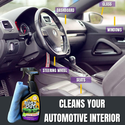 Car Bug Cleaner, Remover & Wash - Spray Bugs, Tar, Bird Poop Off Exterior of Car & Windshield. Remove Black Streaks Without Scratching or Removing Paint. 24 oz bottle w/ Microfiber Cloth