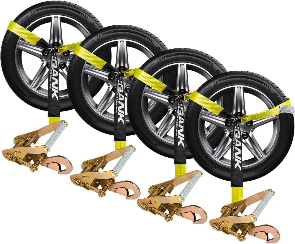 Car Tie Down Straps for Trailers- 4 Pack 2"x96" with Tire Strap 3,300lb Safe Working Load - Adjustable Straps with Snap Hooks (Green)