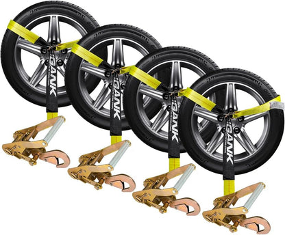 Car Tie Down Straps for Trailers- 4 Pack 2"x96" with Tire Strap 3,300lb Safe Working Load - Adjustable Straps with Snap Hooks (Green)