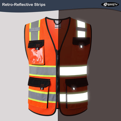 JKSafety Hi Vis Reflective Safety Vests for Men Women High Visibility Vest with Pockets Mesh Fabric Construction Safety Apparel Neon Vest for Work (220-Black L)