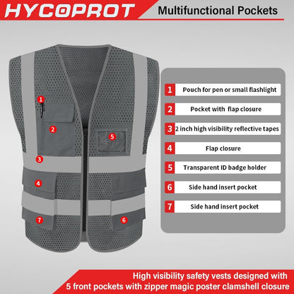 HYCOPROT High Visibility Mesh Safety Reflective Vest with Pockets and Zipper, Meets ANSI/ISEA Standards