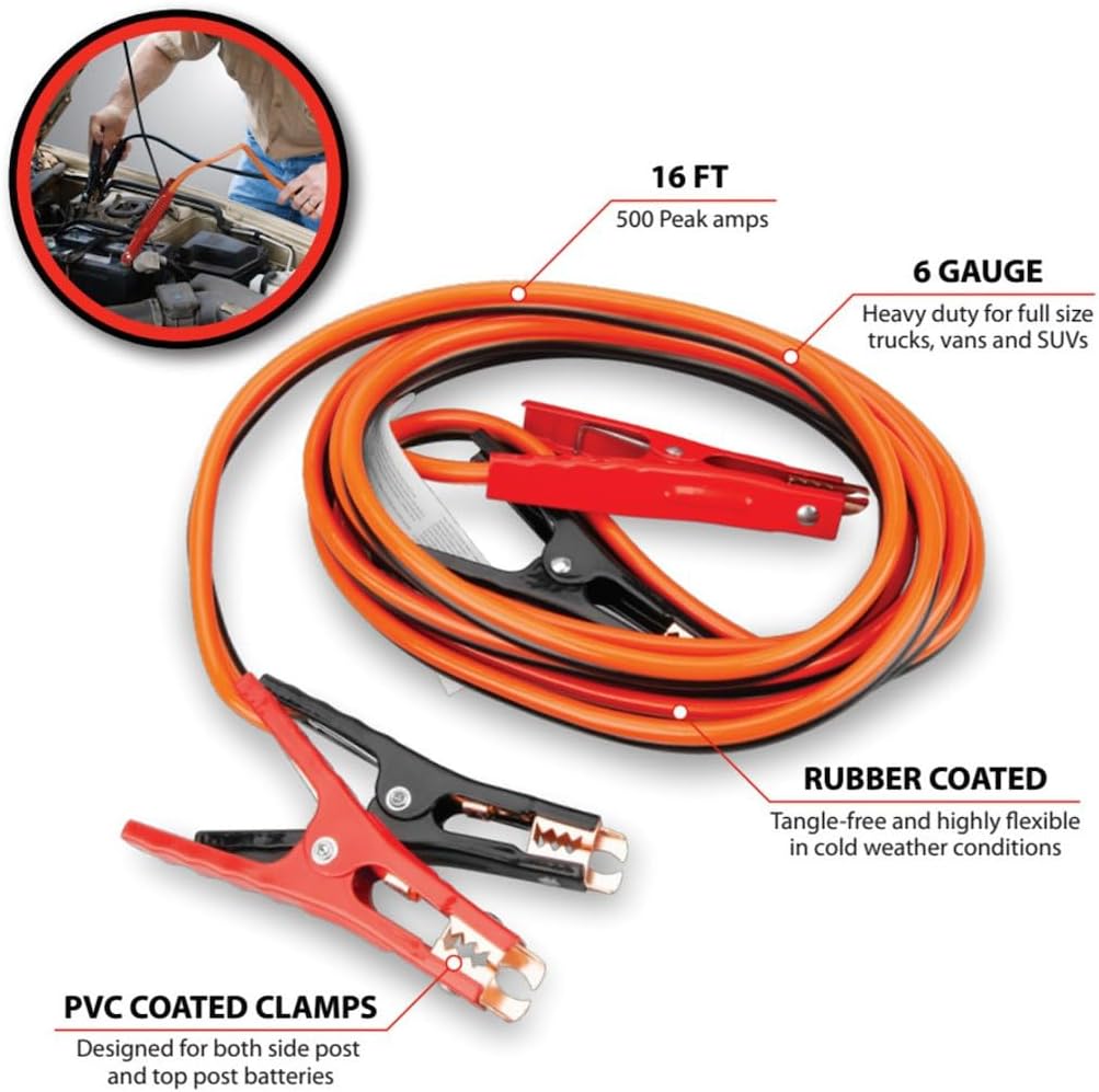 Performance Tool W1675 10ft 4GA Lighted Jumper Cables - Tangle-Free, Heavy Duty Clamps, Suitable for Trucks, SUVs, and Other Large Vehicles