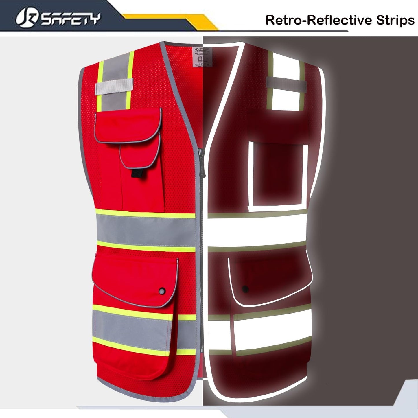 JKSafety 9 Pockets Class 2 High Visibility Zipper Front Safety Vest With Reflective Strips,Meets ANSI/ISEA Standard (Large, 150-Yellow) - Colors A