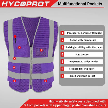 HYCOPROT High Visibility Mesh Safety Reflective Vest with Pockets and Zipper, Meets ANSI/ISEA Standards