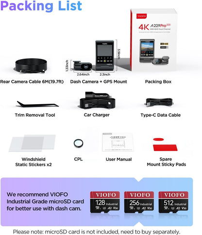 VIOFO A229 Pro 4K HDR Dash Cam, Dual STARVIS 2 IMX678 IMX675, 4K+2K Front and Rear Car Camera, 2 Channel with HDR, Voice Control, 5GHz WiFi GPS, Night Vision 2.0, 24H Parking Mode
