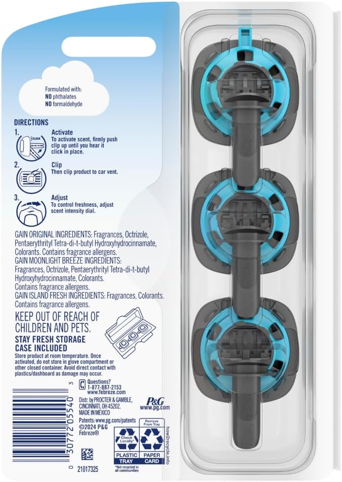 Febreze Car Air Freshener, Odor-Fighting Automotive Vent Clip, Gain Original Scent, 3 Count