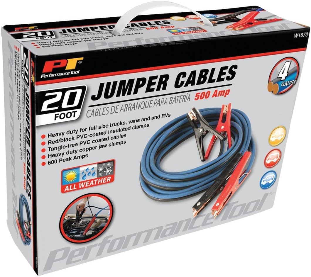 Performance Tool W1675 10ft 4GA Lighted Jumper Cables - Tangle-Free, Heavy Duty Clamps, Suitable for Trucks, SUVs, and Other Large Vehicles