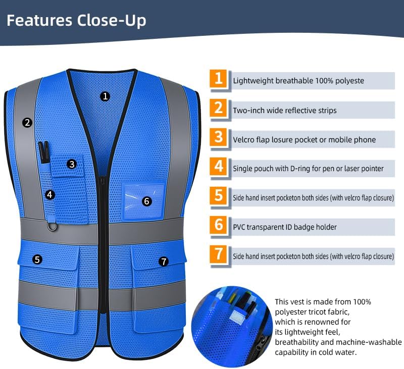 Reflective Safety Vest for Women Men High Visibility Security With Pocket Zipper Front Meet ANSI/ISEA Standard
