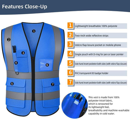 Reflective Safety Vest for Women Men High Visibility Security With Pocket Zipper Front Meet ANSI/ISEA Standard