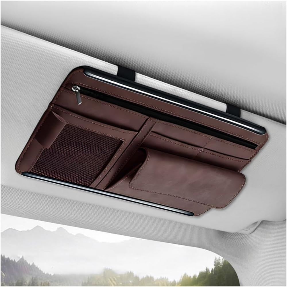 Car Sun Visor Organizer, Soft Leather Vehicle Sunshade Glasses Storage Bag with Net Zipper, Automotive Multi-Pocket Organizer for Drive License Card Glasses Document (Black)