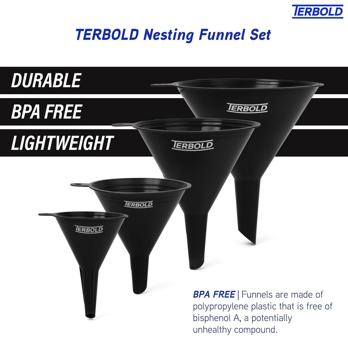 4pc Funnel Nesting Set in BPA Free Plastic for Kitchen Cooking, Car Oil, Home, or Lab Use (Black)