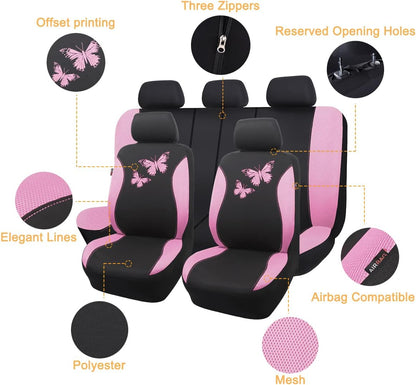 Flying Banner Butterfly car seat Covers ful Set Fashion Universal Lady Woman Female Rear Bench Split Colorized (Pink, 2 Fronts - Lace)
