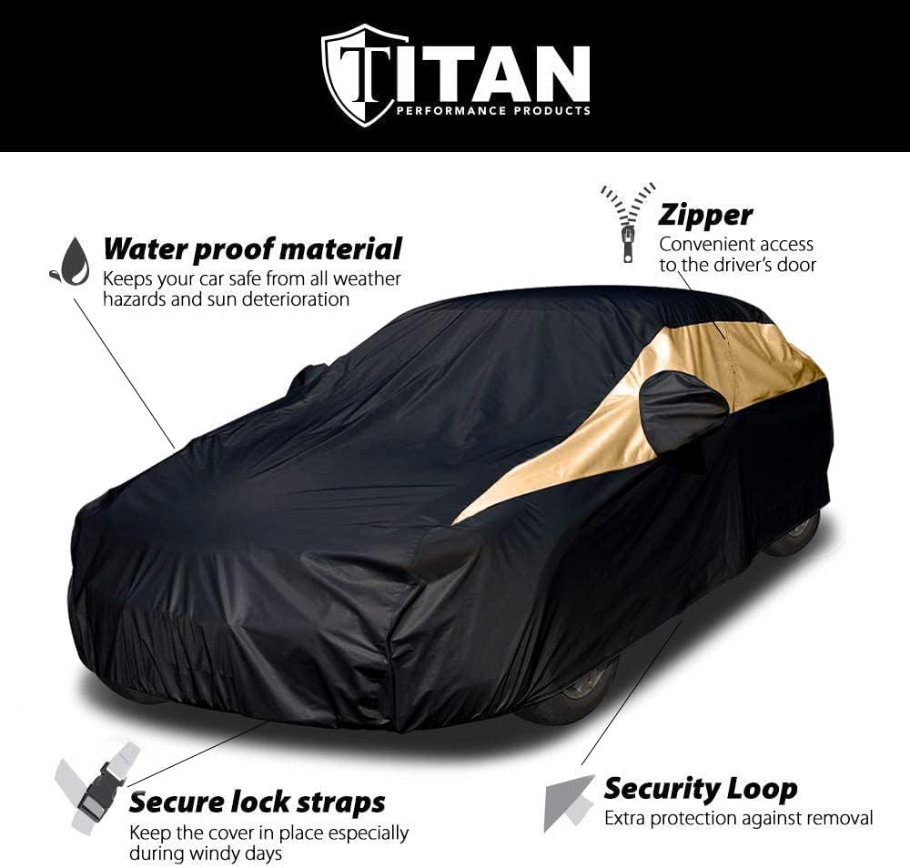 Titan Jet Black Poly 210T Car Cover for Sedans 186-202". Waterproof, UV Protection, Scratch Resistant, Driver-Side Zippered Opening. Fits Camry, Accord and More.