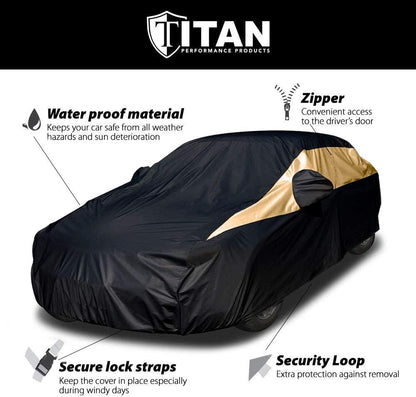 Titan Jet Black Poly 210T Car Cover for Sedans 186-202". Waterproof, UV Protection, Scratch Resistant, Driver-Side Zippered Opening. Fits Camry, Accord and More.