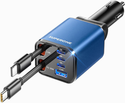 Retractable Car Charger, SUPERONE 99W Car Phone Charger with Cables Fast Charging, USB C Car Charger Adapter for iPhone 17 16 15 14 13 12, Samsung, Black