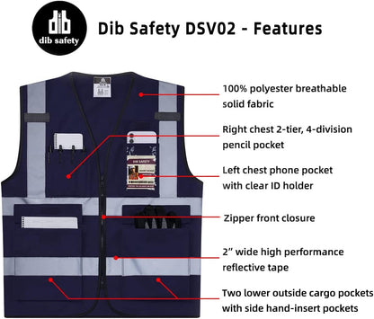 Dib Safety Reflective Safety Vest for Men Women, High Visibility Vest with Pockets and Zipper, ANSI Class 2