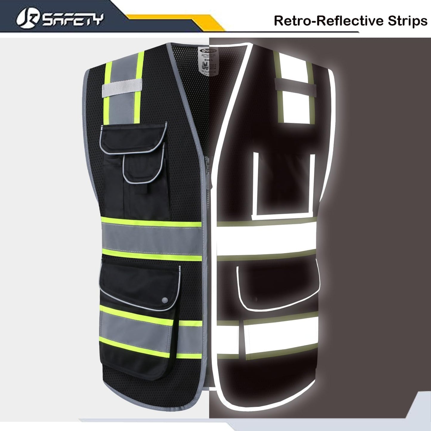 JKSafety 9 Pockets Class 2 High Visibility Zipper Front Safety Vest With Reflective Strips,Meets ANSI/ISEA Standard (Large, 150-Yellow) - Colors A