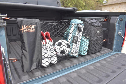 TacoNets Envelope Cargo Net for GMC Sierra & Chevy Silverado - Fits 2013-Current - Upgraded 5mm Bungee - Integrated Storage Bag - Heavy Duty Carabiners - Designed in USA