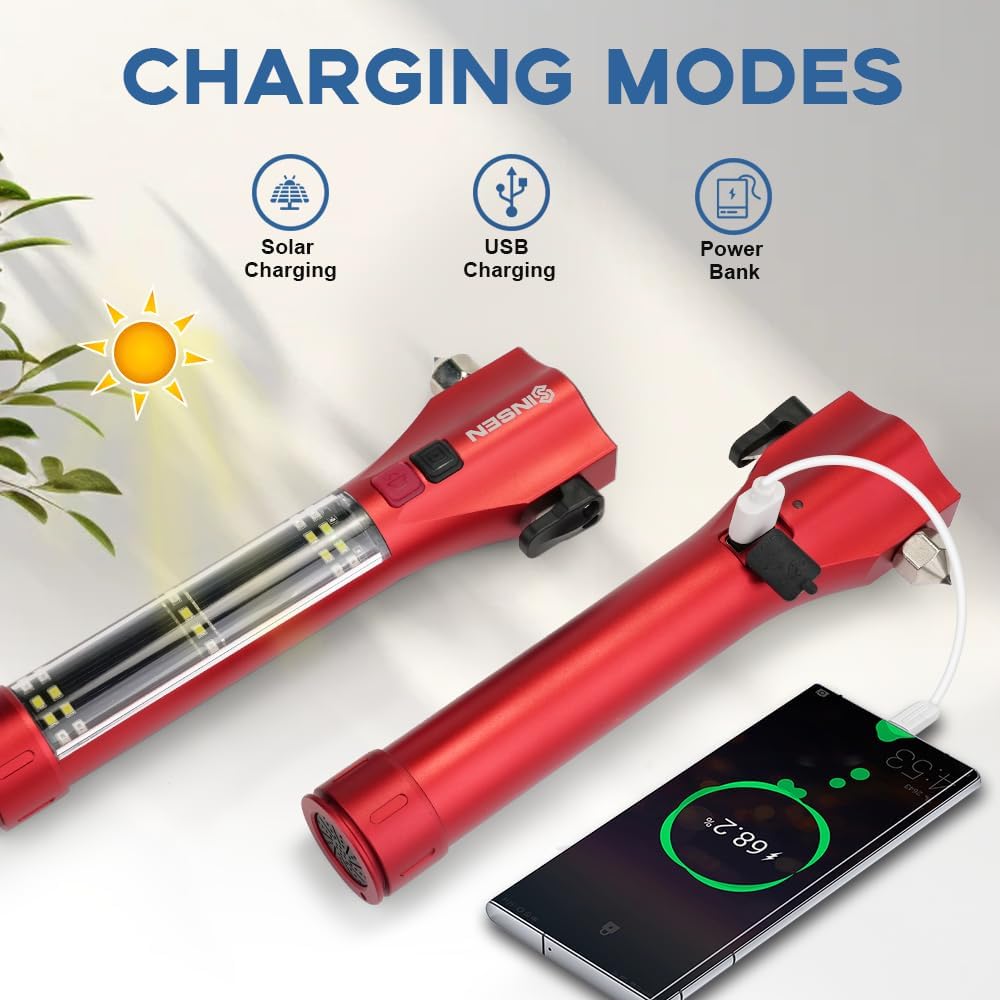 SINSEN Car Safety Hammer Flashlight, Tactical Emergency Rescue Tool, LED High Lumens Rechargeable Solar Powered Escape Kit, Window Glass Breaker and Seatbelt Cutter, Self Defense Multi-Function Torch