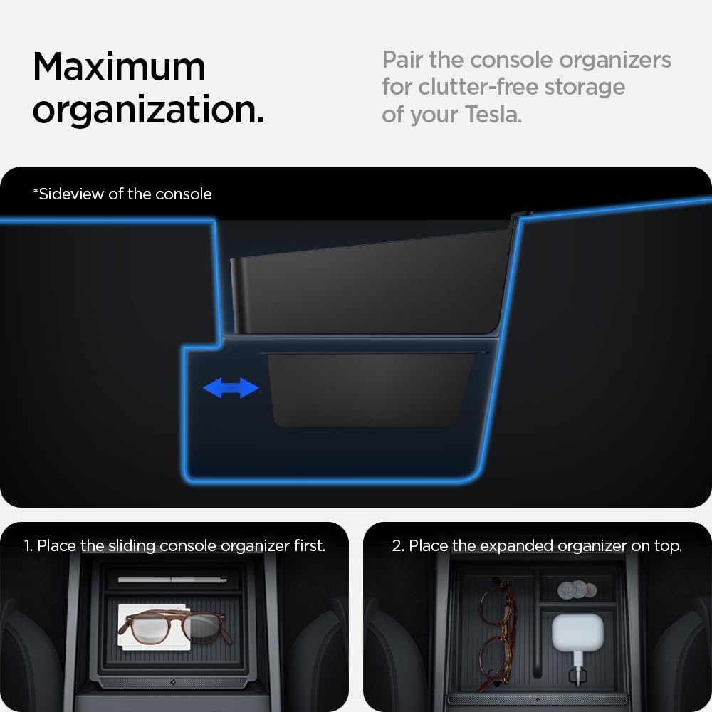 Spigen Center Console Organizer for Tesla Model Y Juniper (Only Premium & Performance 2026) and Model 3 Highland (Standard, Premium & Performance 2024/25/26) with Smooth Slide Technology - [Sliding]