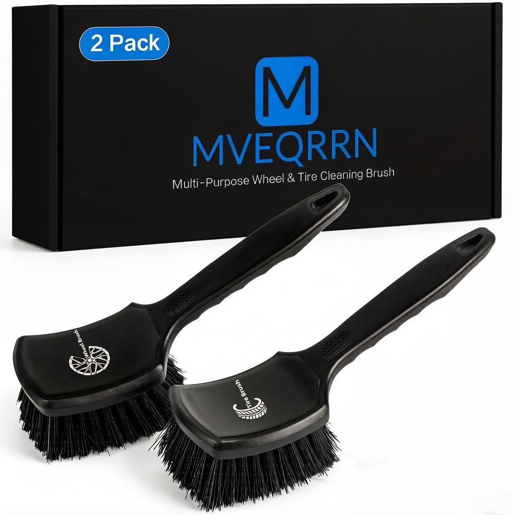 MVEQRRN 2-Pack Car Wheel Tire Detailing Brush Set:Wheel Cleaner Brush with Soft Bristles,Stiff Bristle Cleaning Brush with Rubber Handle for Deep Clean Car Tire Rims, Fenders or Carpet(Black Green)