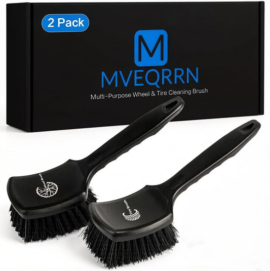 MVEQRRN 2-Pack Car Wheel Tire Detailing Brush Set:Wheel Cleaner Brush with Soft Bristles,Stiff Bristle Cleaning Brush with Rubber Handle for Deep Clean Car Tire Rims, Fenders or Carpet(Black Green)