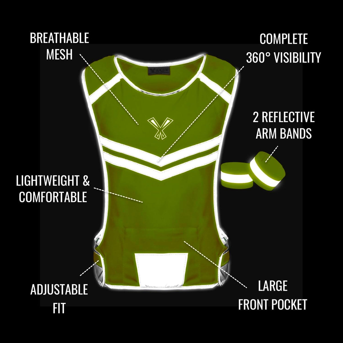 Reflective Running Vest with Pocket & 2 Bands, High-Visibility