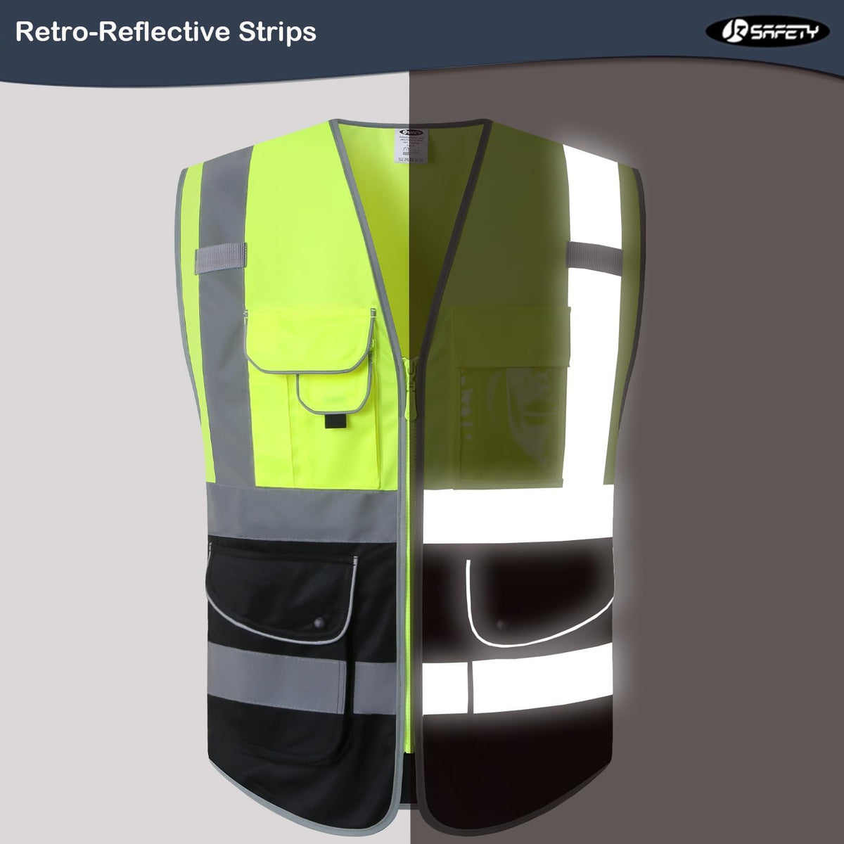 JKSafety 9 Pockets Class 2 High Visibility Zipper Front Safety Vest With Reflective Strips,Meets ANSI/ISEA Standard (Large, 150-Yellow) - Colors A