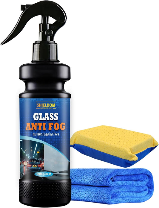 SHIELDOM Anti-Fog Spray for Glass Car Windshield Defogger Prevents Fogging of Interior Glass, Mirrors, Windows, Shower Door with Defogging & Cleaning Sponge, Towel 4oz/120ml