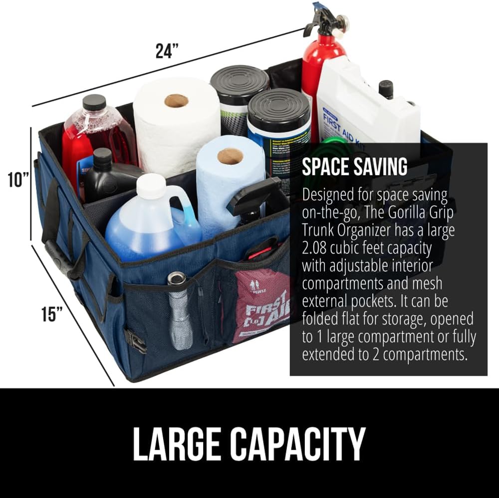GORILLA GRIP Trunk Organizer for SUV and Cars, Large Capacity Collapsible Car Trunk Storage Organizer, Heavy Duty Car Accessories, Gifts for Mom and Dad, Slip & Water Resistant Multi Compartment Black