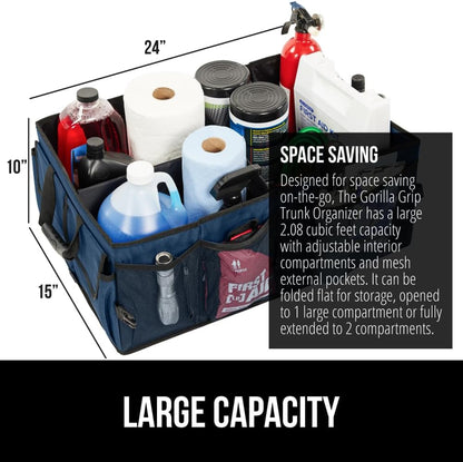 GORILLA GRIP Trunk Organizer for SUV and Cars, Large Capacity Collapsible Car Trunk Storage Organizer, Heavy Duty Car Accessories, Gifts for Mom and Dad, Slip & Water Resistant Multi Compartment Black