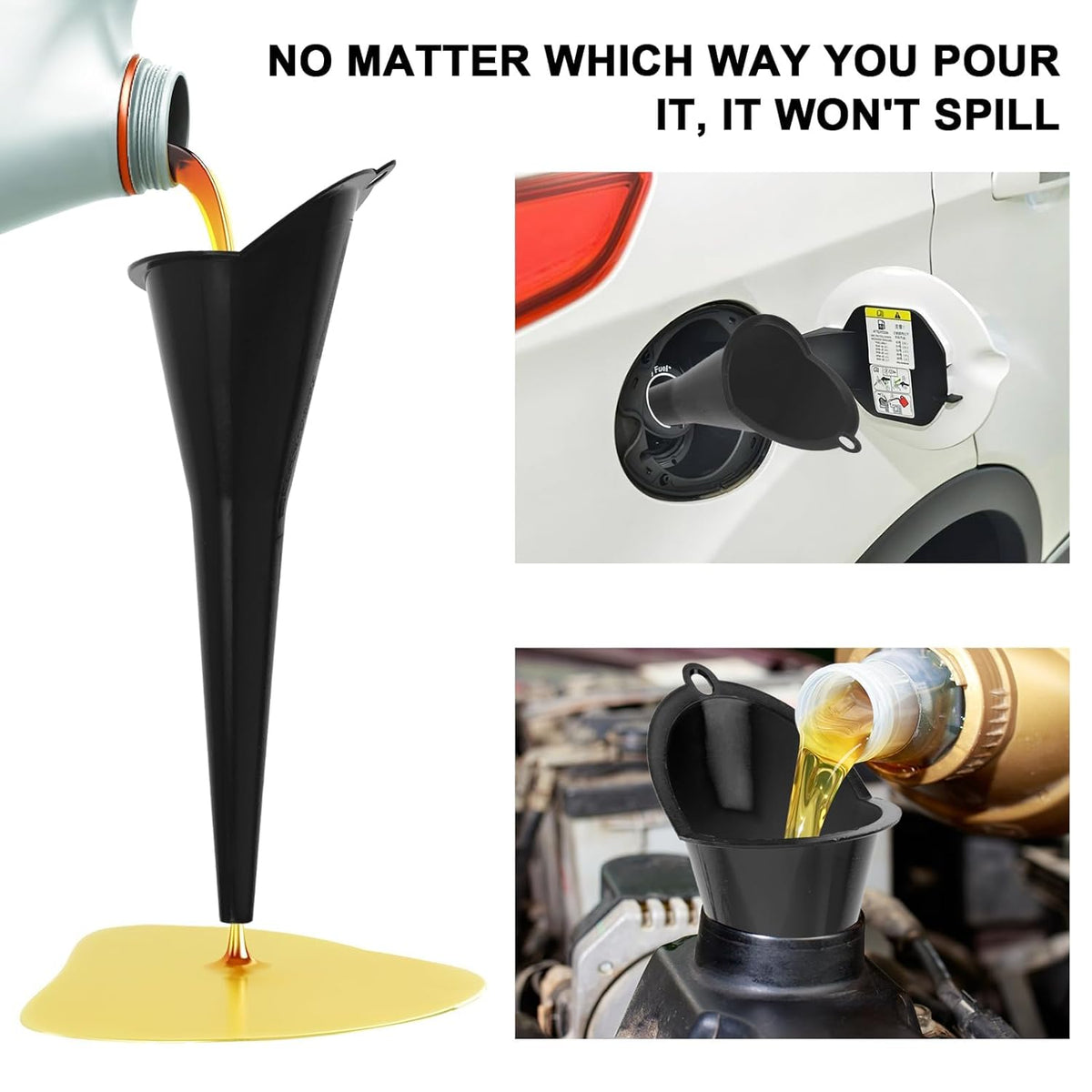 Long-Neck Oil Funnel for Automotive – Multi-Function Plastic Funnel for Oil, Gas & Lubricants – Universal Car Accessory (Black (1-Pack))