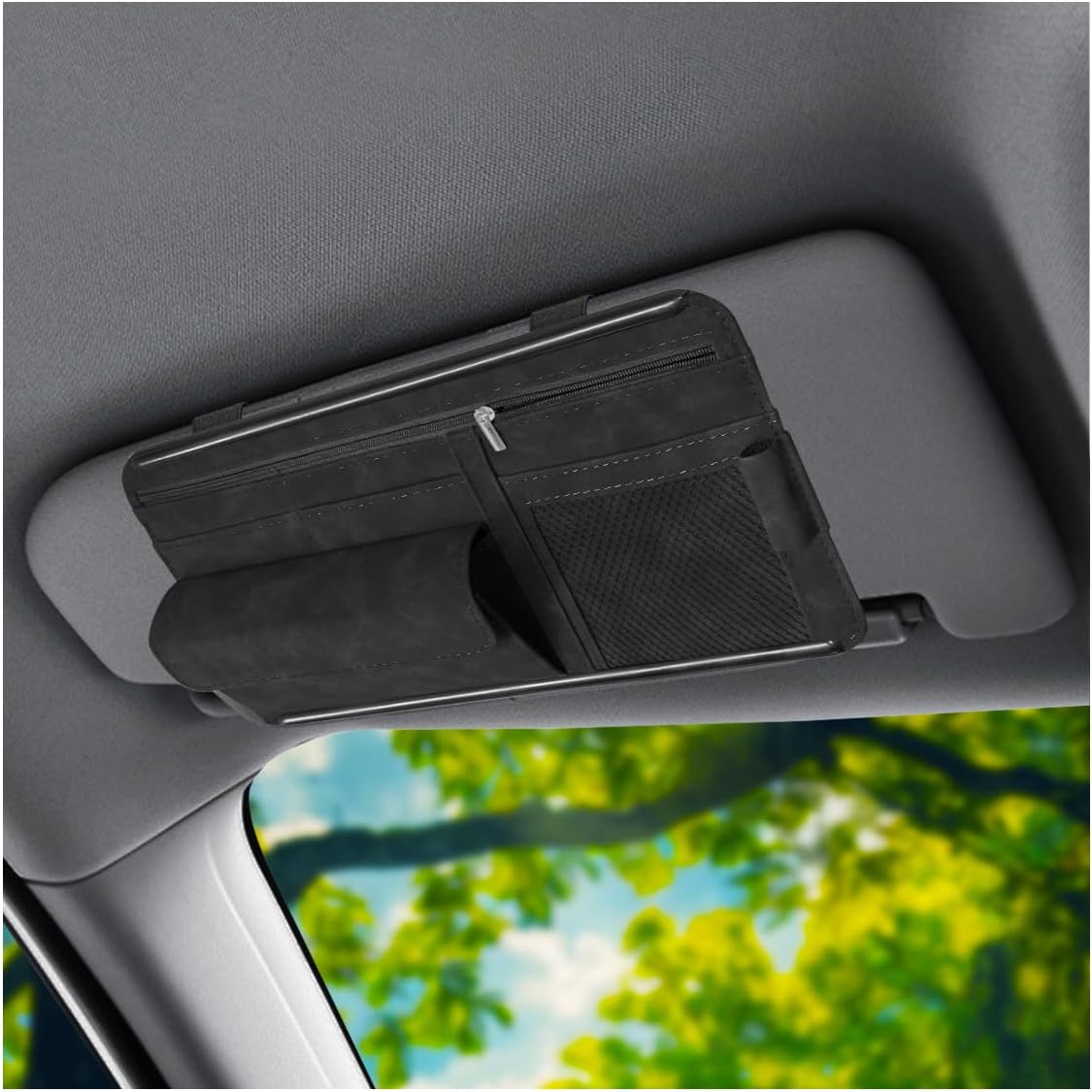 Car Sun Visor Organizer, Leather Multi-Pocket Glasses Card Holder with Zipper, Waterproof Scratch-Resistant Sunshade Storage Bag, Universal Auto Interior Accessory for Car/Truck/SUV (Grey)