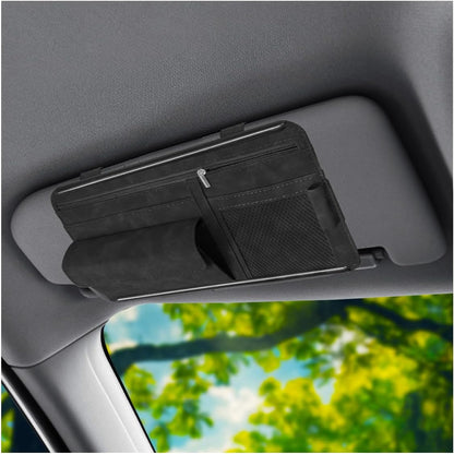 Car Sun Visor Organizer, Leather Multi-Pocket Glasses Card Holder with Zipper, Waterproof Scratch-Resistant Sunshade Storage Bag, Universal Auto Interior Accessory for Car/Truck/SUV (Grey)