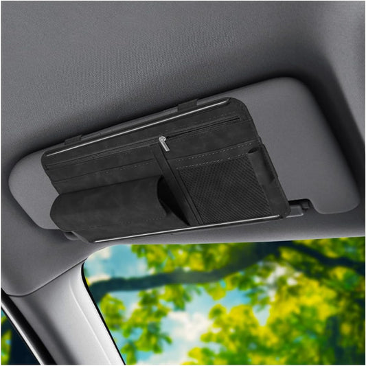 Car Sun Visor Organizer, Leather Multi-Pocket Glasses Card Holder with Zipper, Waterproof Scratch-Resistant Sunshade Storage Bag, Universal Auto Interior Accessory for Car/Truck/SUV (Grey)