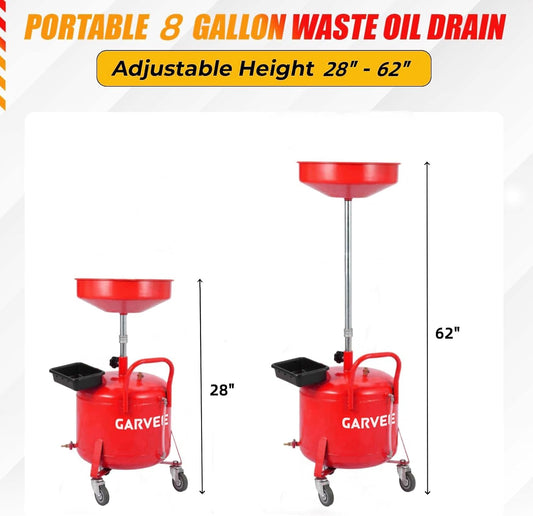 Garvee 8 Gallon Portable Waste Oil Drain Tank, Oil Lift Drain Pan Air Operated Drainer, Fluid Fuel Drainage Adjustable Funnel Height with Wheels