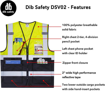 Dib Safety Reflective Safety Vest for Men Women, High Visibility Vest with Pockets and Zipper, ANSI Class 2