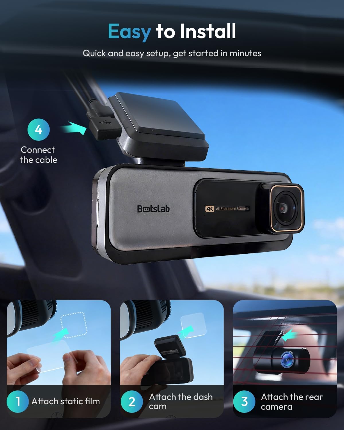 BOTSLAB 4K Dash Cam Front and Rear, 170° Ultra Wide 4K+2K Dashcam with ADAS, Night Vision, 24/7 Parking Mode, IMX415 STARVIS Sensor, WDR, 5.8GHz WiFi, Built-in GPS, Loop Recording (No SD Card)